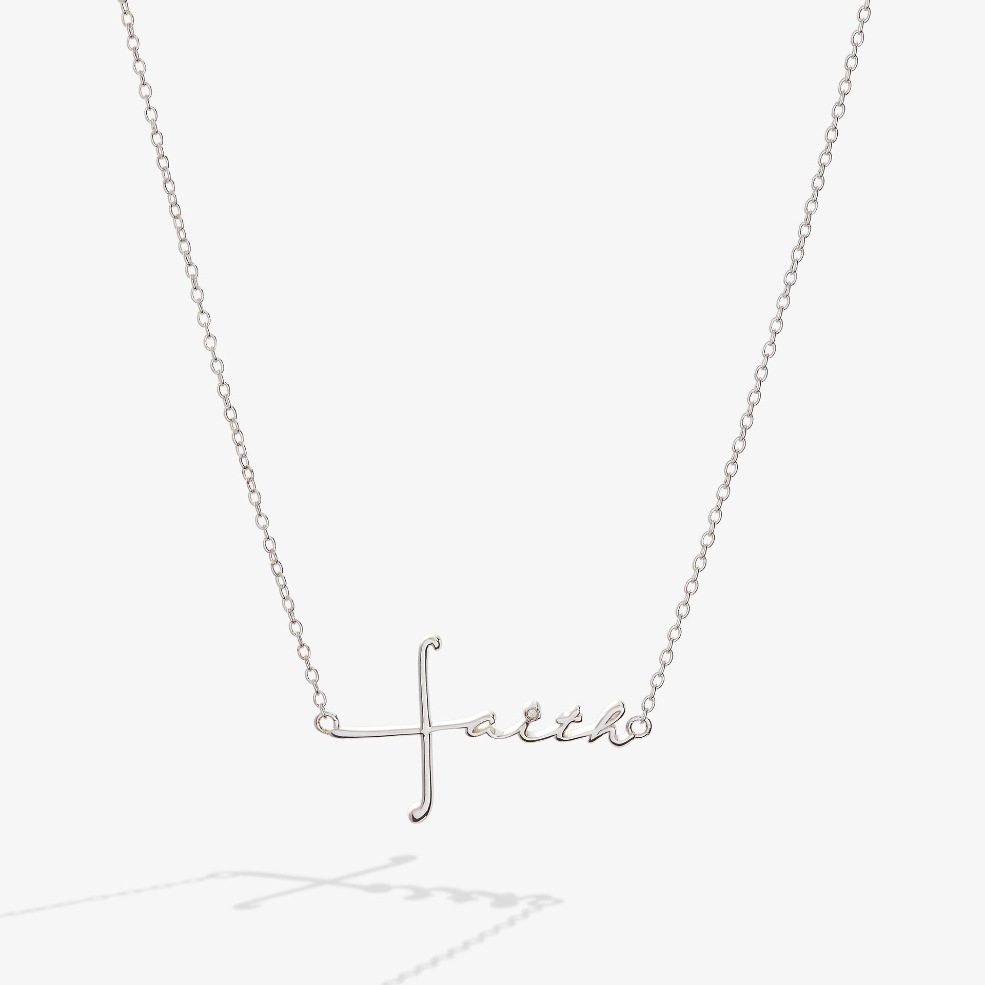 Silver Faith Script Pendant Necklace with Cross Detail