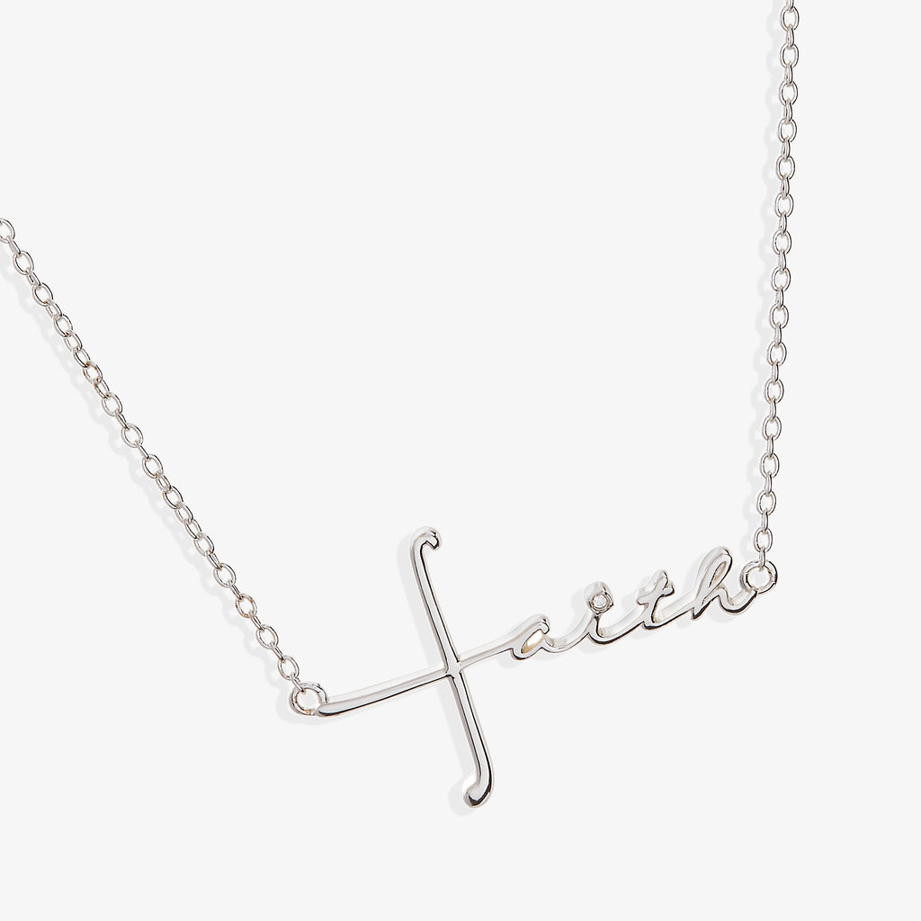 Silver script pendant necklace spelling Faith with a cross integrated into the letter F.