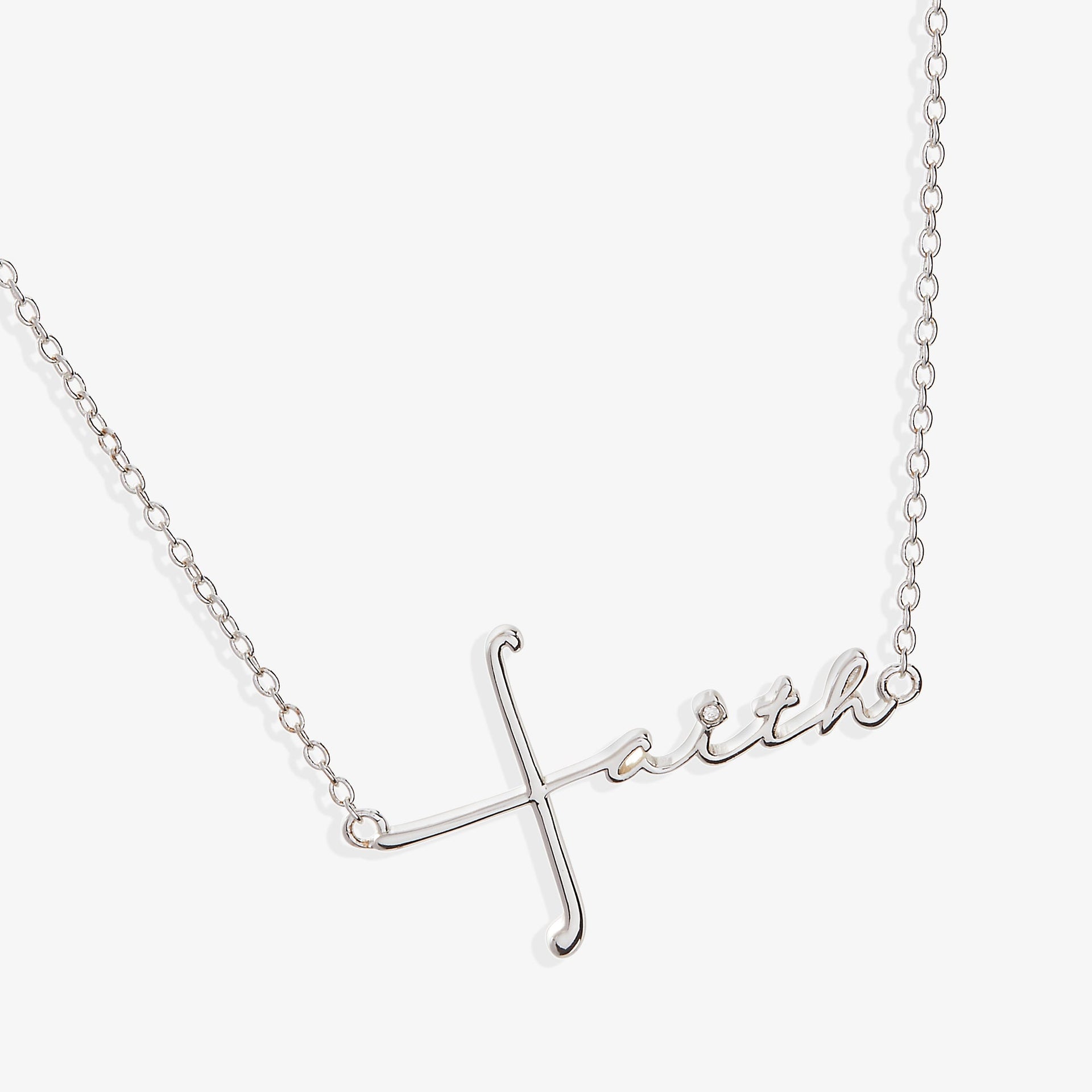 Silver script pendant necklace spelling Faith with a cross integrated into the letter F.