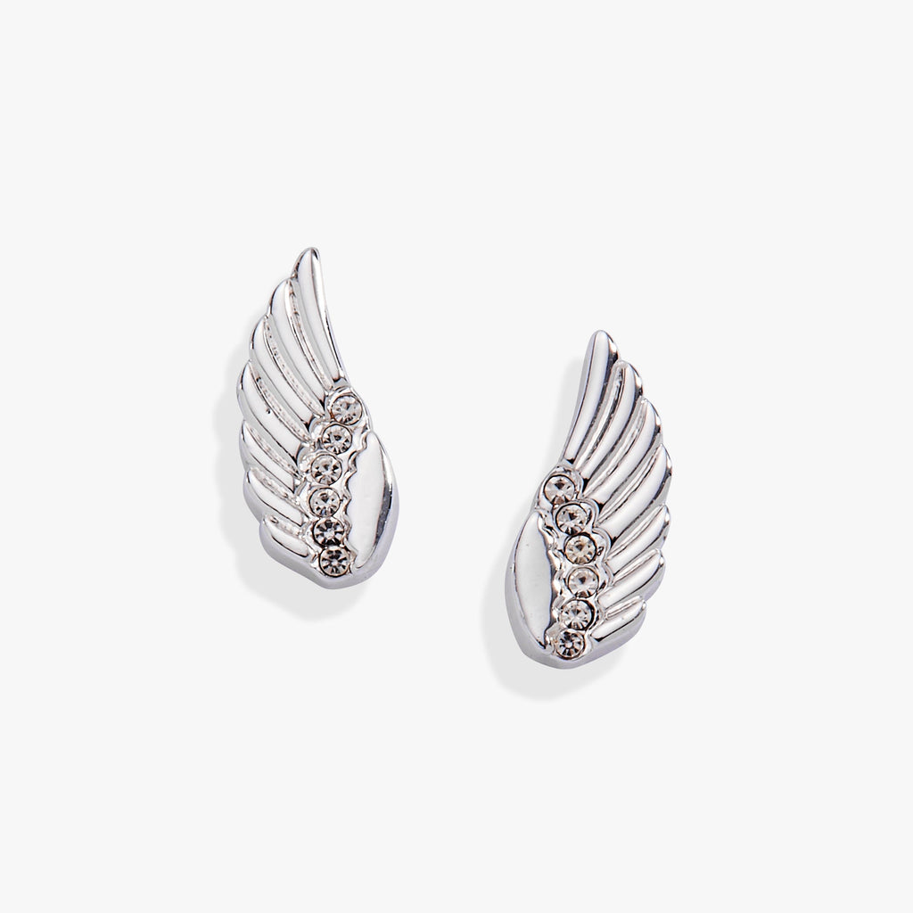 Close up of petite silver wing stud earrings with shimmering clear crystal accents