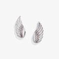 Close up of petite silver wing stud earrings with shimmering clear crystal accents