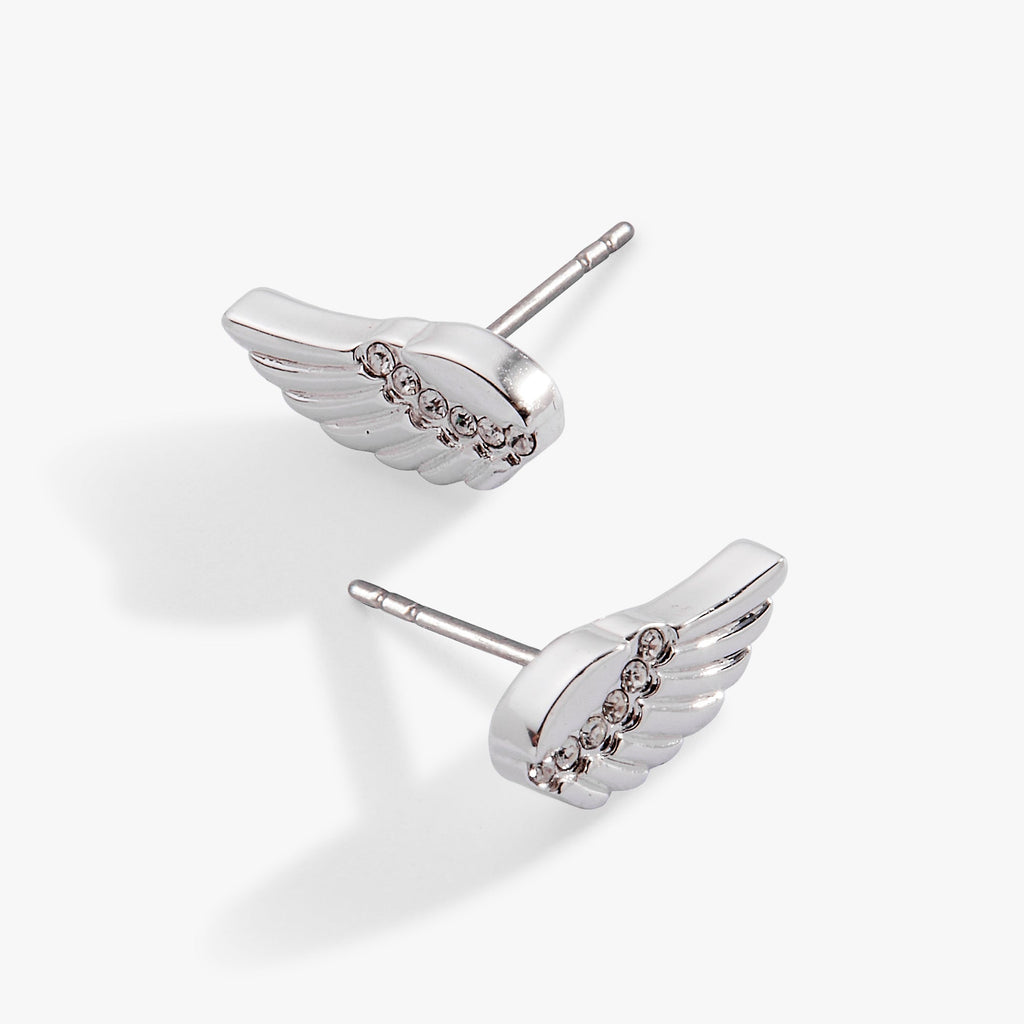 Faith Wing Stud Earrings in Silver with Clear Crystal Accents