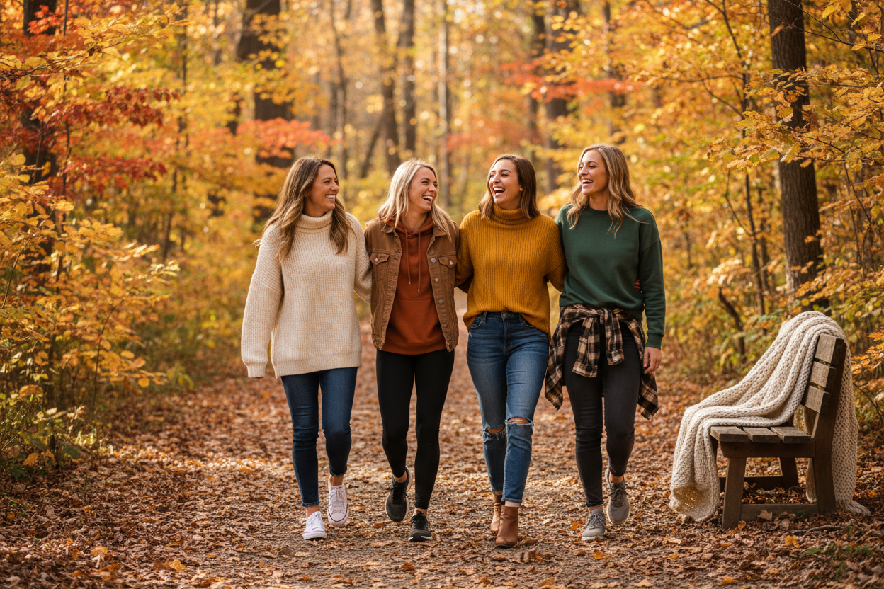 Fall themed hero image featuring athletic college age women wearing casual outfits