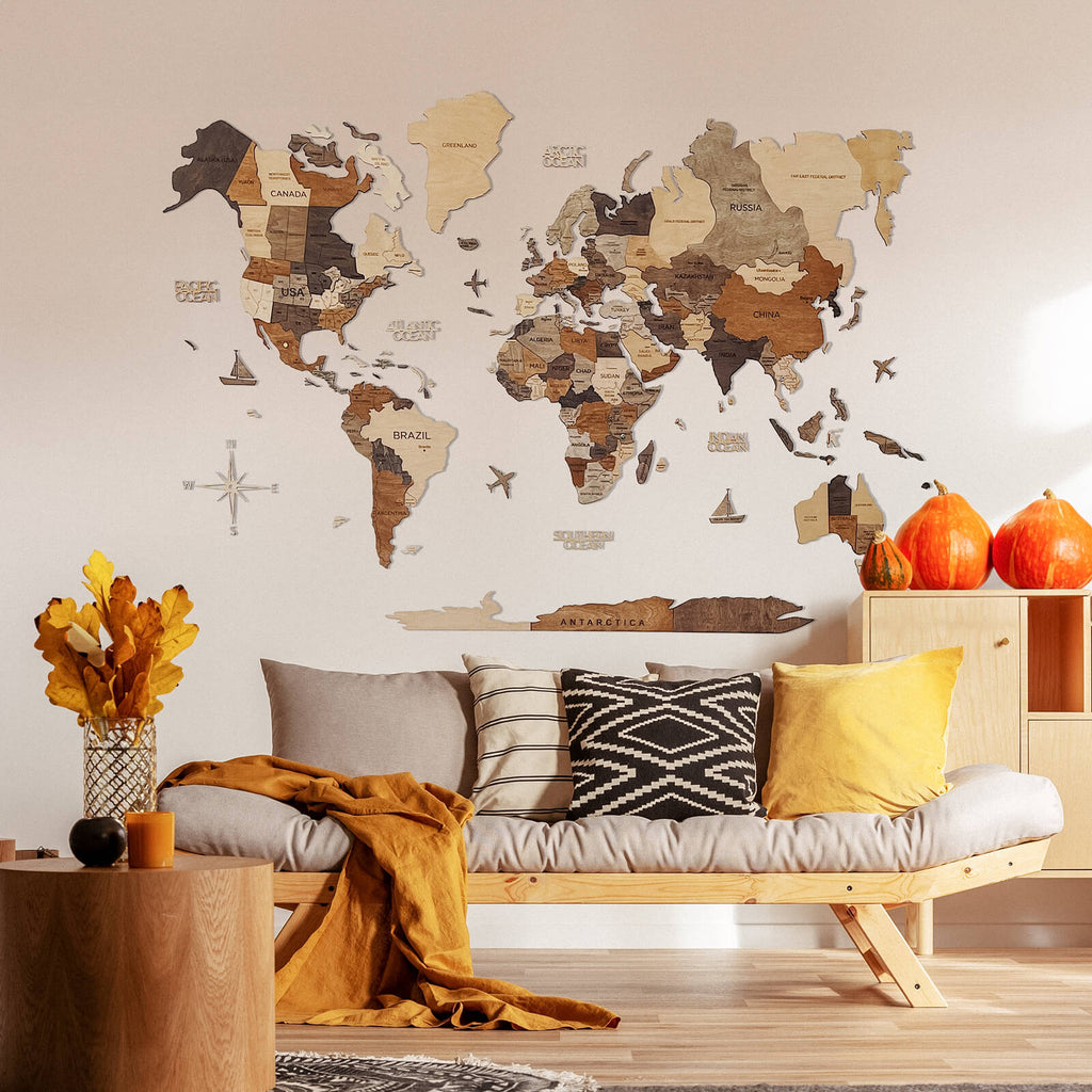 Farmhouse style wooden world map with rustic finish for fall home decor
