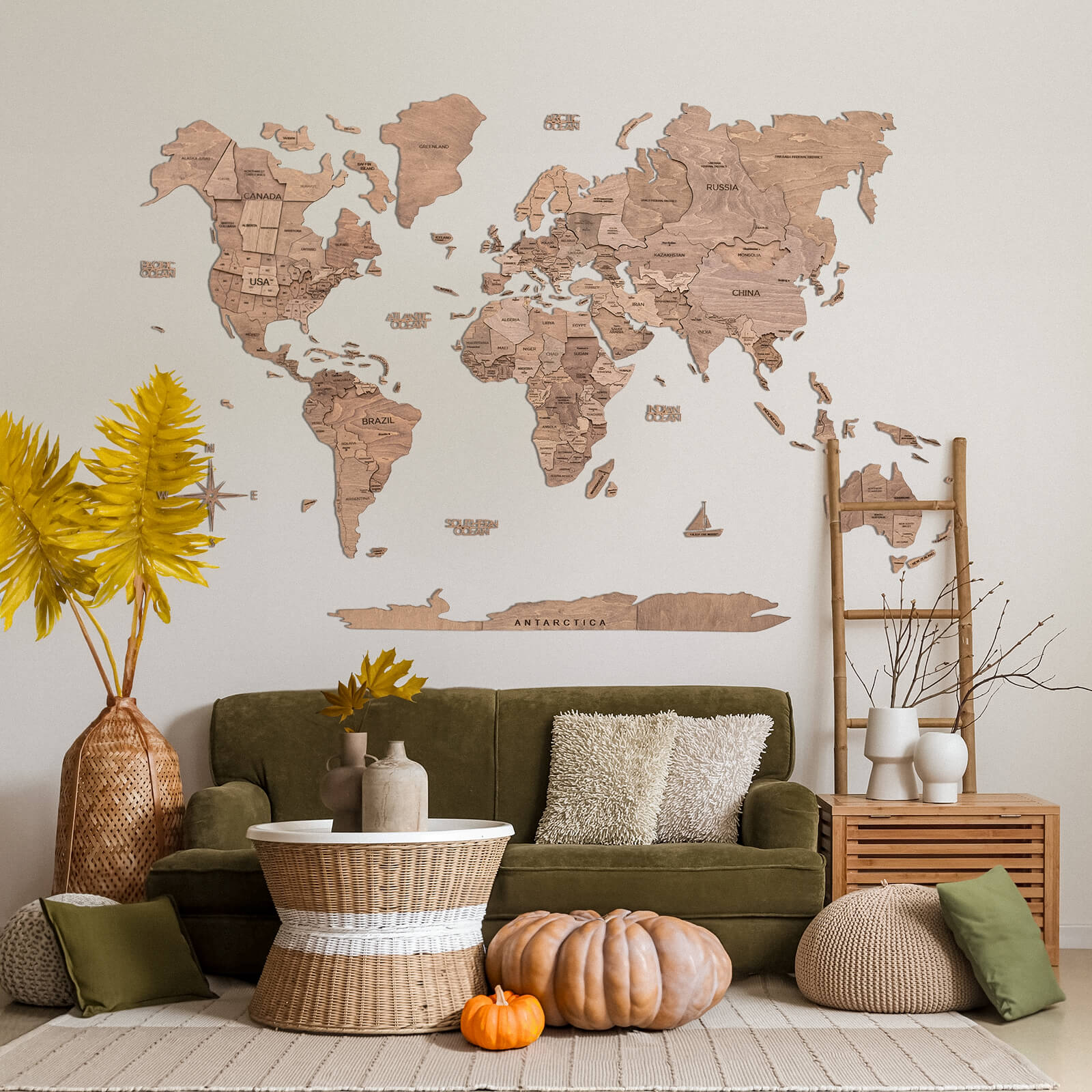 Minimalist wooden Thanksgiving wall art featuring a contrast of light and dark wood.