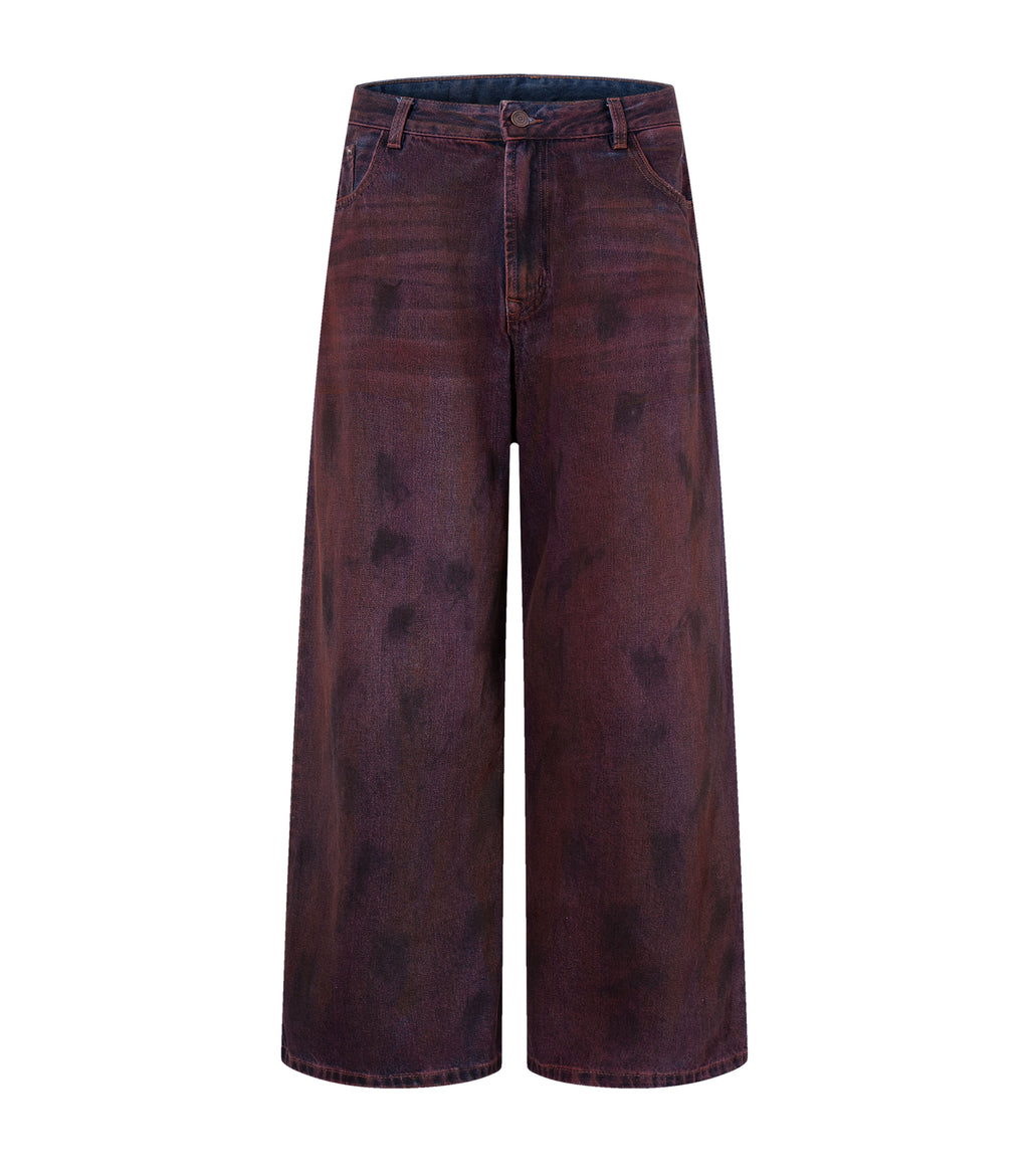 Front view of Wideboy Burgundy Denim jeans with wide leg fit and light wash finish.