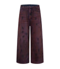 Front view of Wideboy Burgundy Denim jeans with wide leg fit and light wash finish.