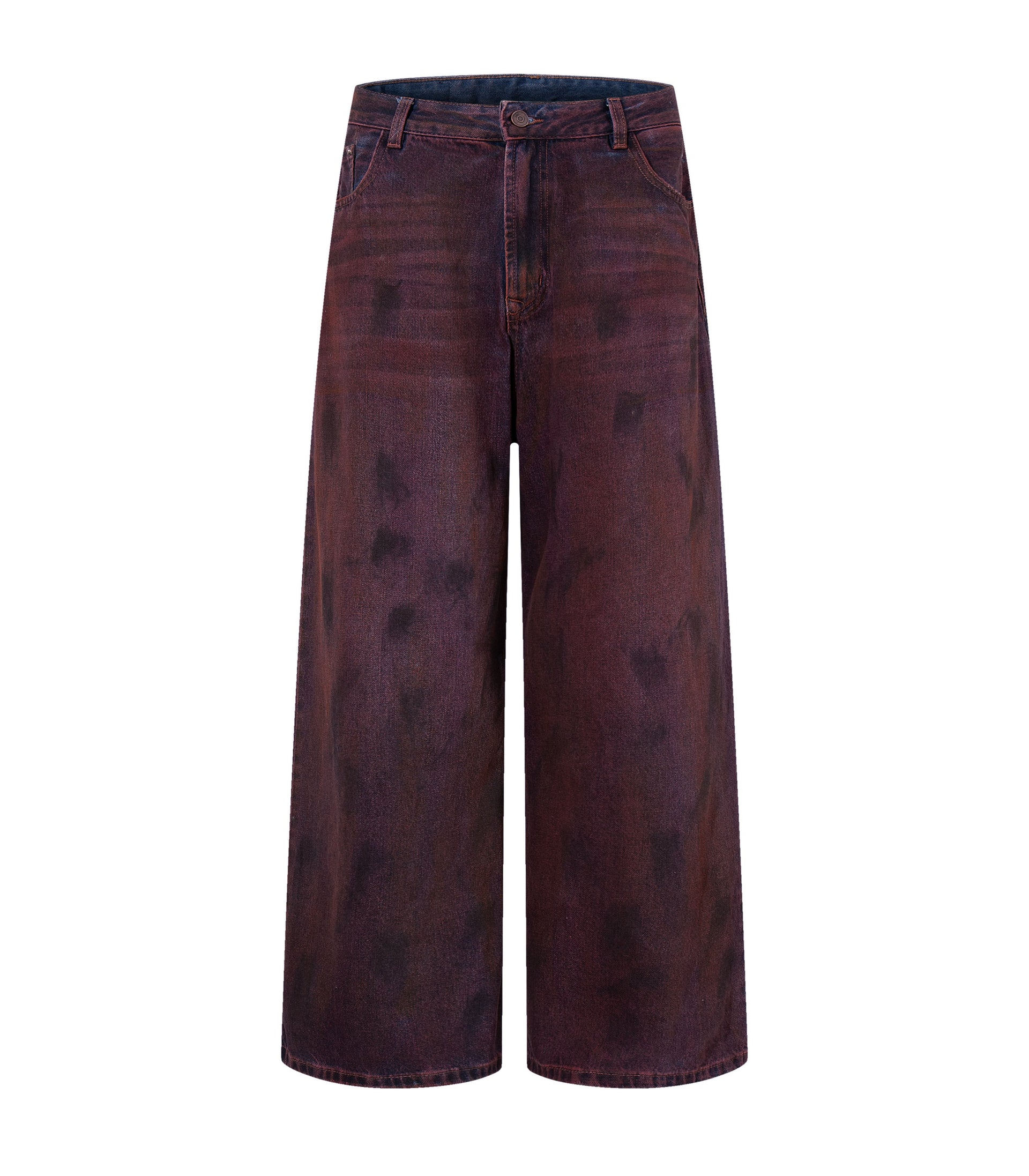 Front view of Wideboy Burgundy Denim jeans with wide leg fit and light wash finish.