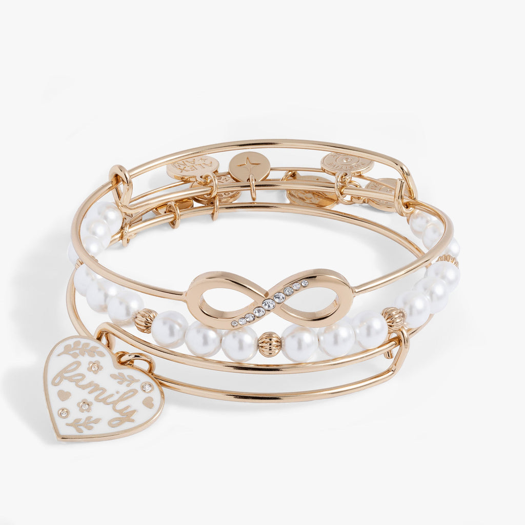 Family Bangle Set of 3 featuring enamel heart charm, faux white pearls, and crystal pavé details