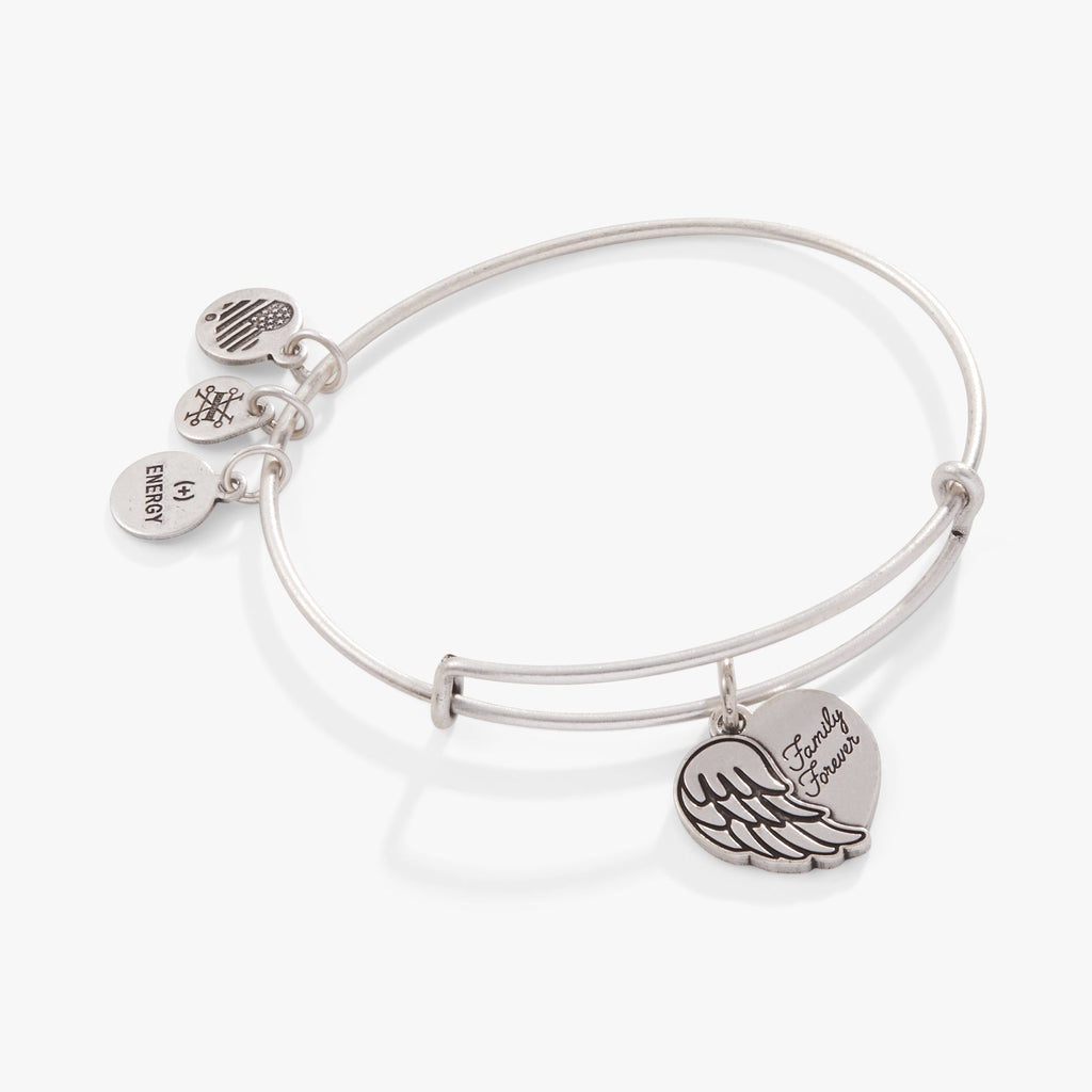 Minimalist 'Family Forever' bangle featuring an angel wing and heart charm, available in silver, gold, and rose-gold tones.