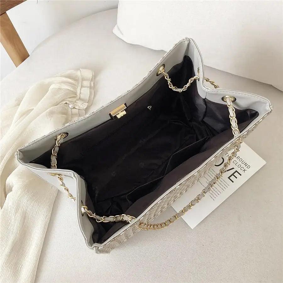 Geometric PU Leather Chain Shoulder Bag - Beige & Gold Crossbody