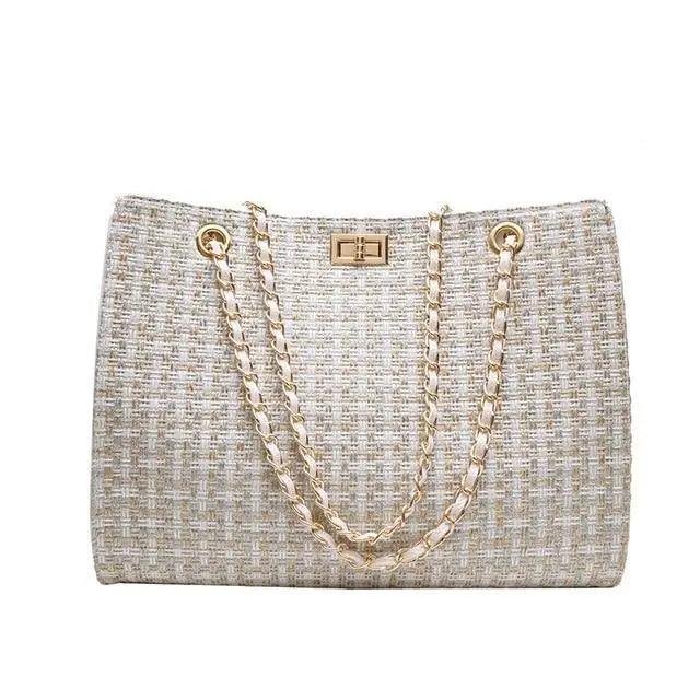 Geometric PU Leather Chain Shoulder Bag - Beige & Gold Crossbody