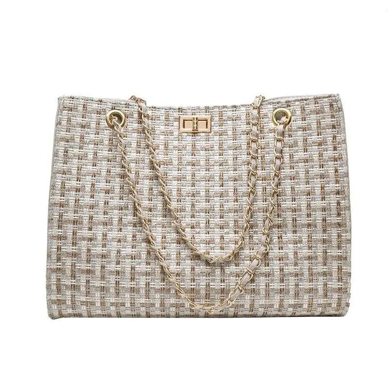 Geometric PU Leather Chain Shoulder Bag - Beige & Gold Crossbody