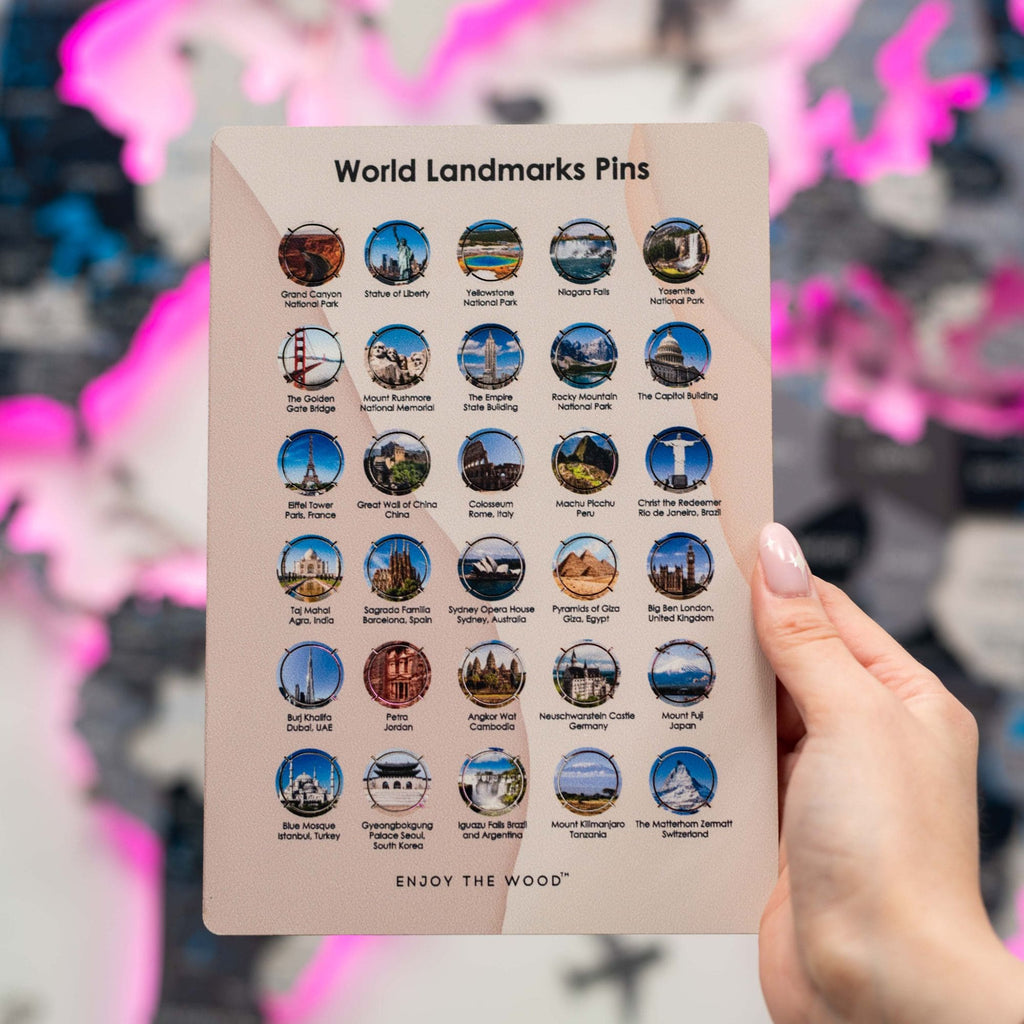 Wooden World Landmarks Pins for Personalized Travel Wall Maps