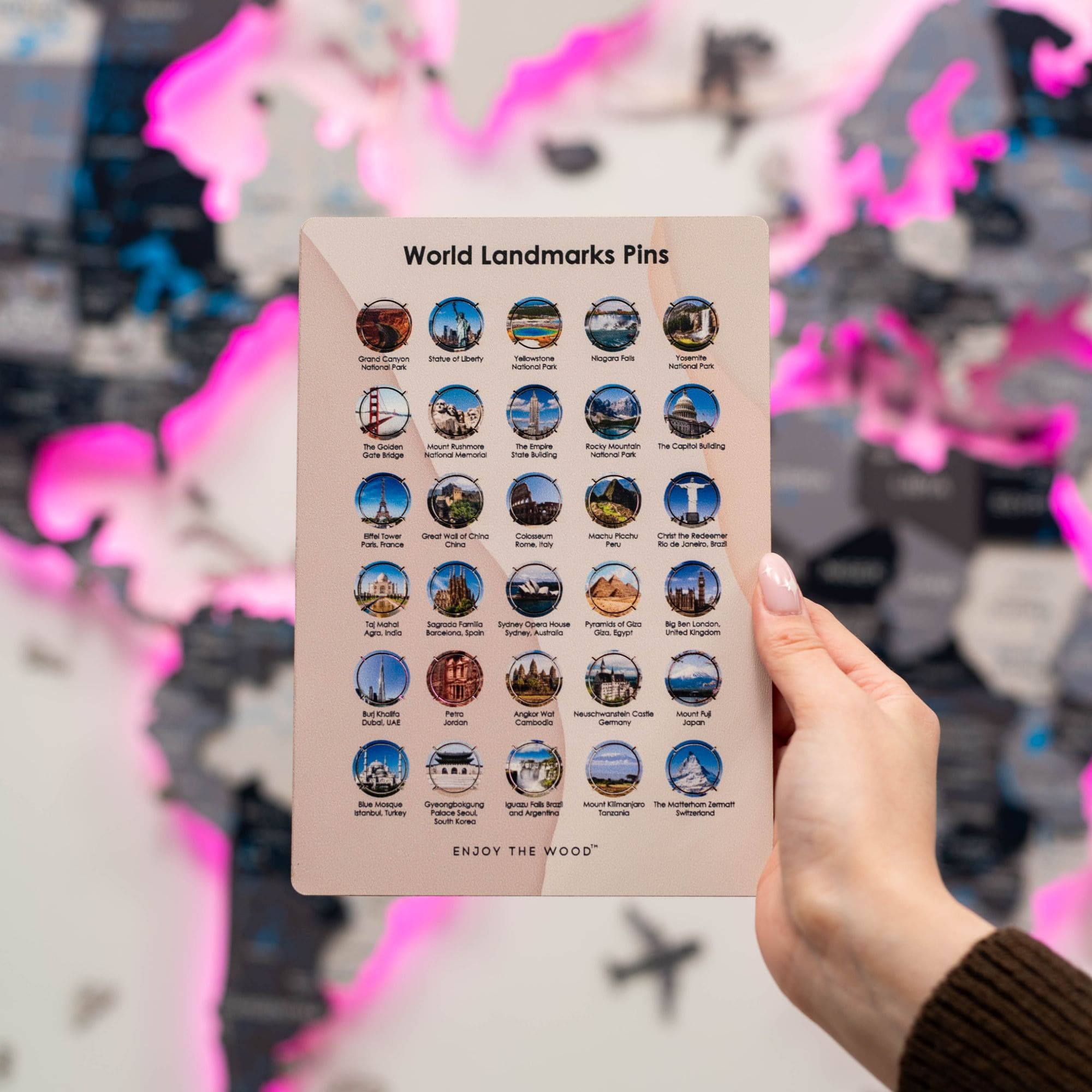 Wooden World Landmarks Pins for Personalized Travel Wall Maps