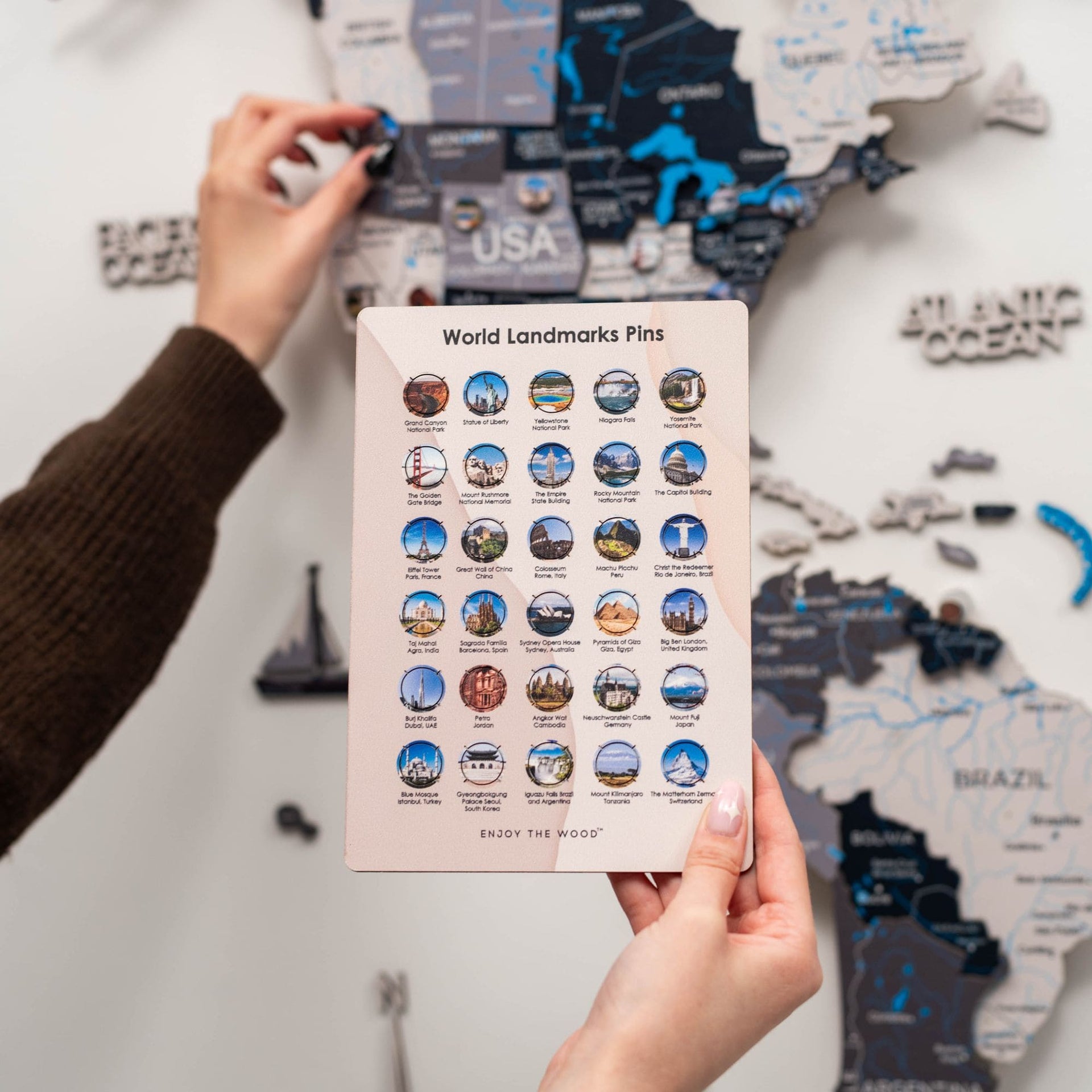 Wooden World Landmarks Pins for Personalized Travel Wall Maps