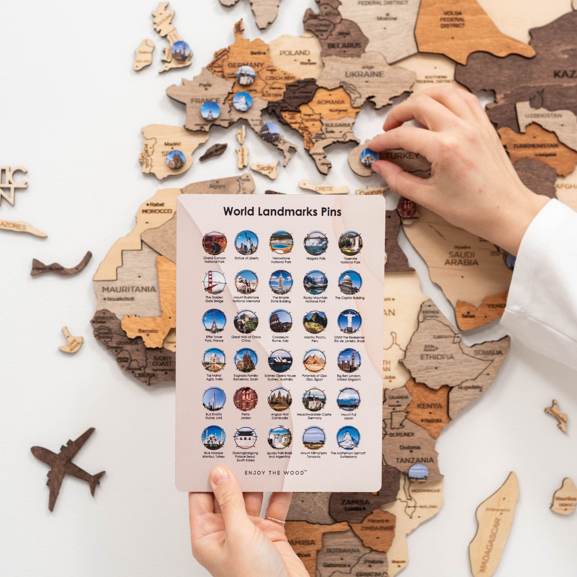 Wooden World Landmarks Pins for Personalized Travel Wall Maps