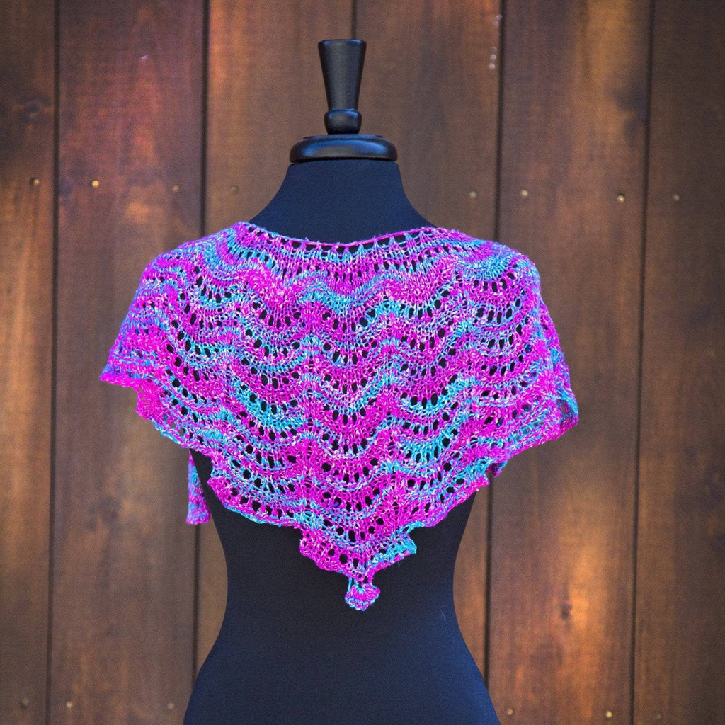 Fan Shell Shawlette in vibrant magenta and teal
