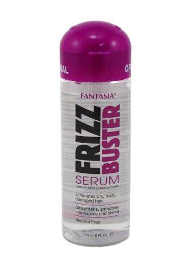 Bottle of Fantasia Frizz Buster Serum with clear liquid and purple branding on a white background.