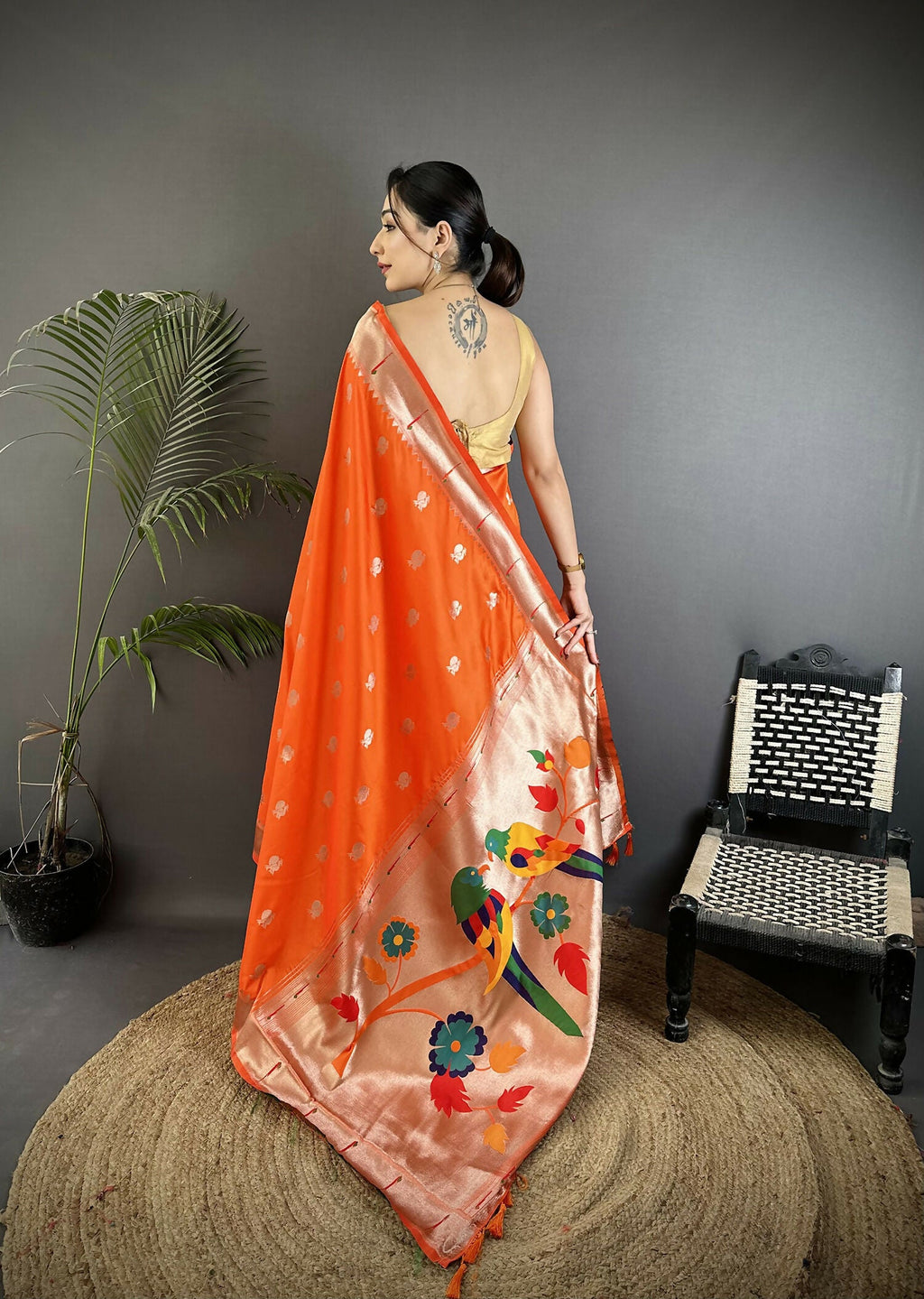 Orange Peacock & Floral Motif Soft Silk Kanchipuram Saree