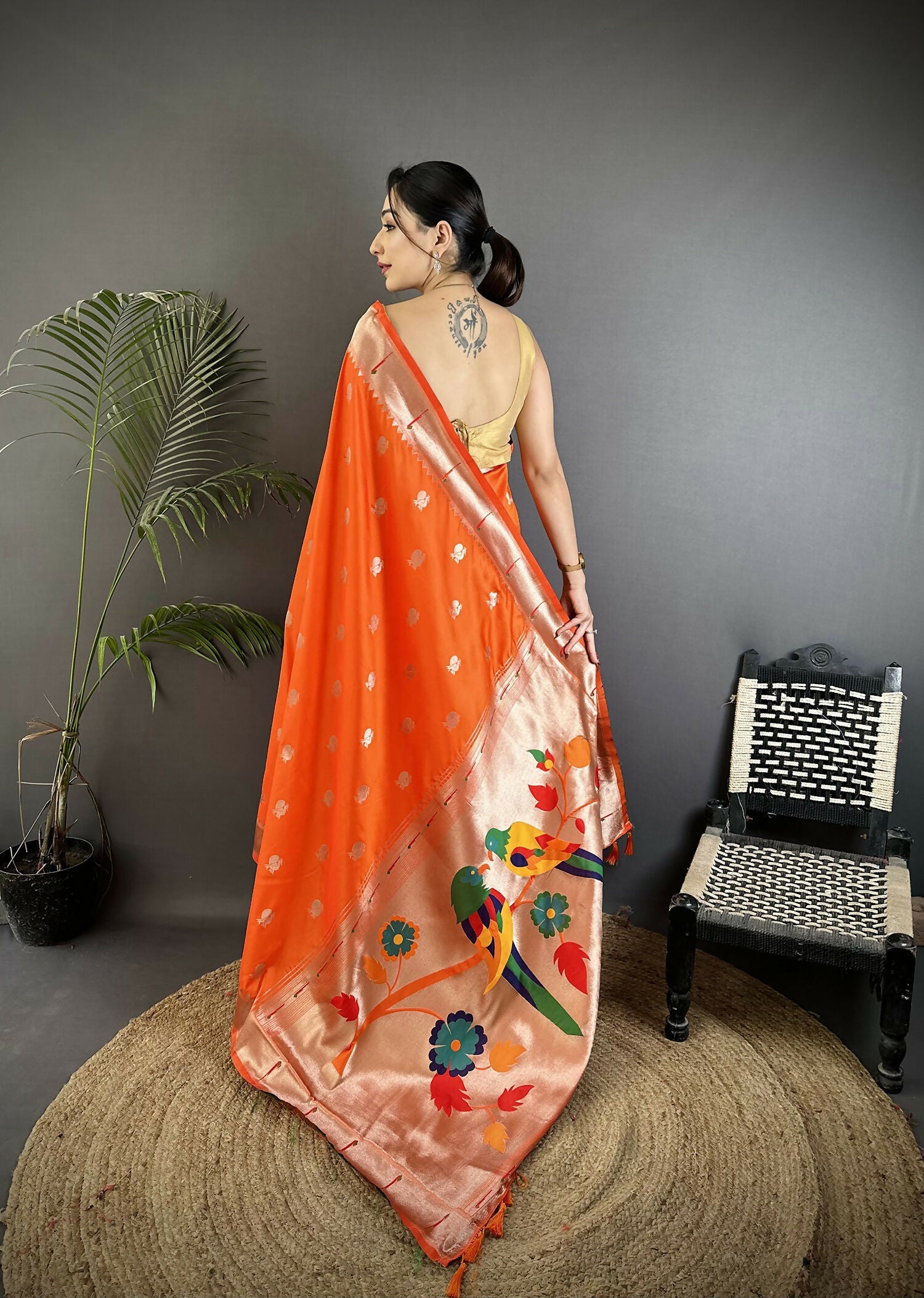 Orange Peacock & Floral Motif Soft Silk Kanchipuram Saree