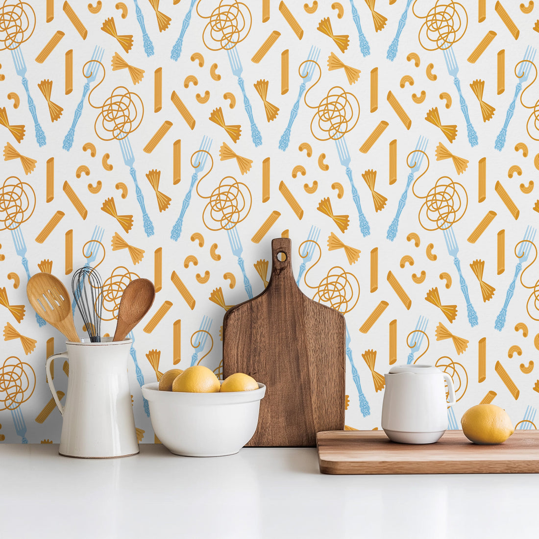 Farfalle wallpaper featuring whimsical gold, white, and light blue pattern on a kitchen wall.
