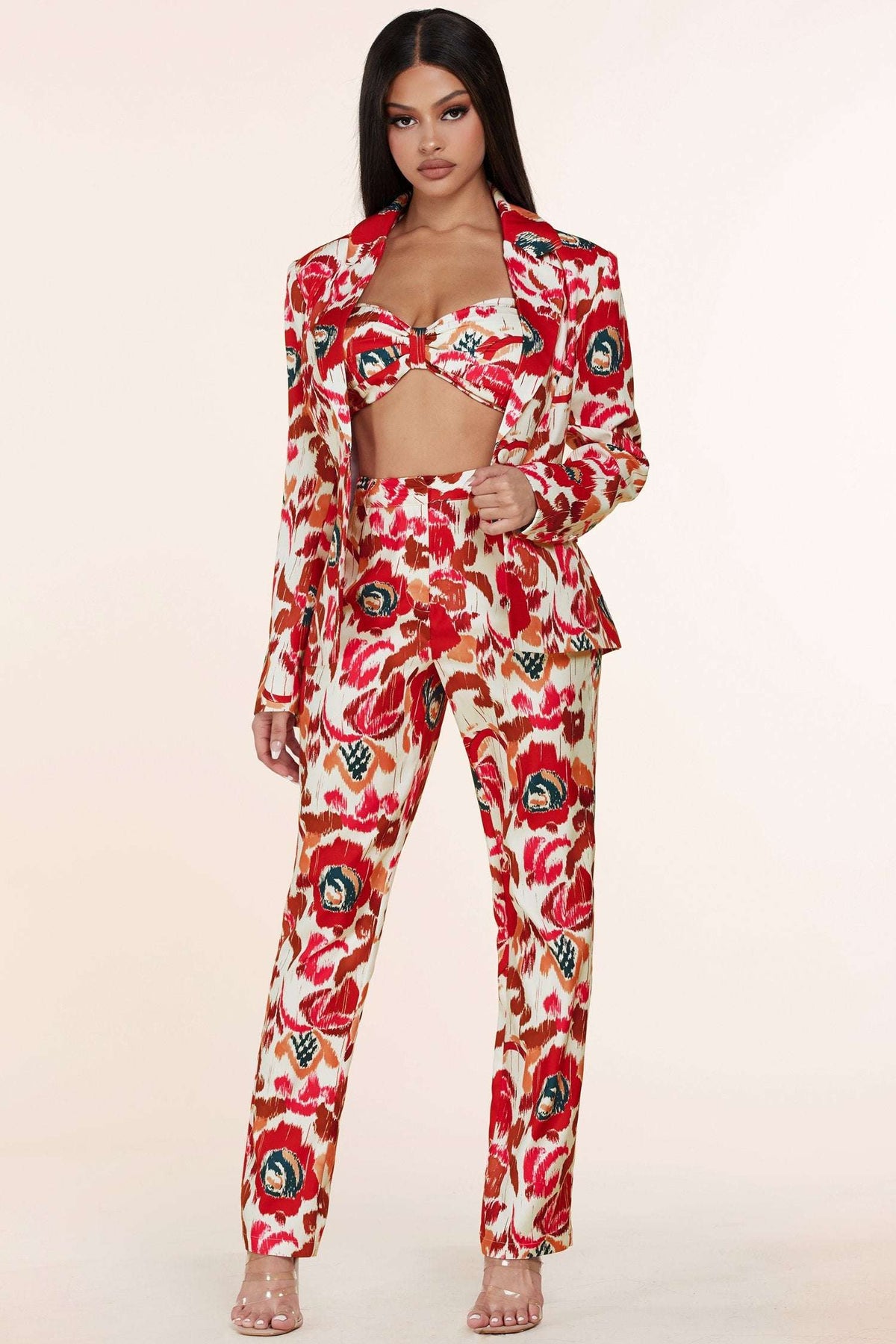 White Red Flower Print 3pc Blazer Trouser and Bandeau Set