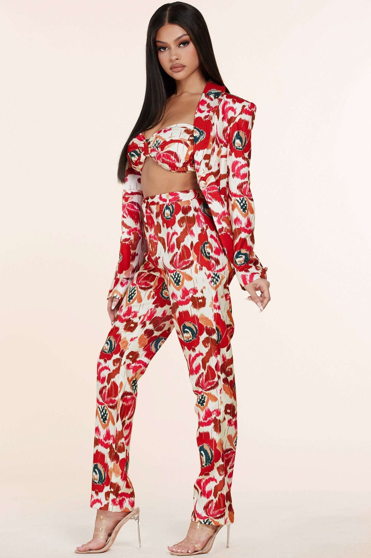 White Red Flower Print 3pc Blazer Trouser and Bandeau Set