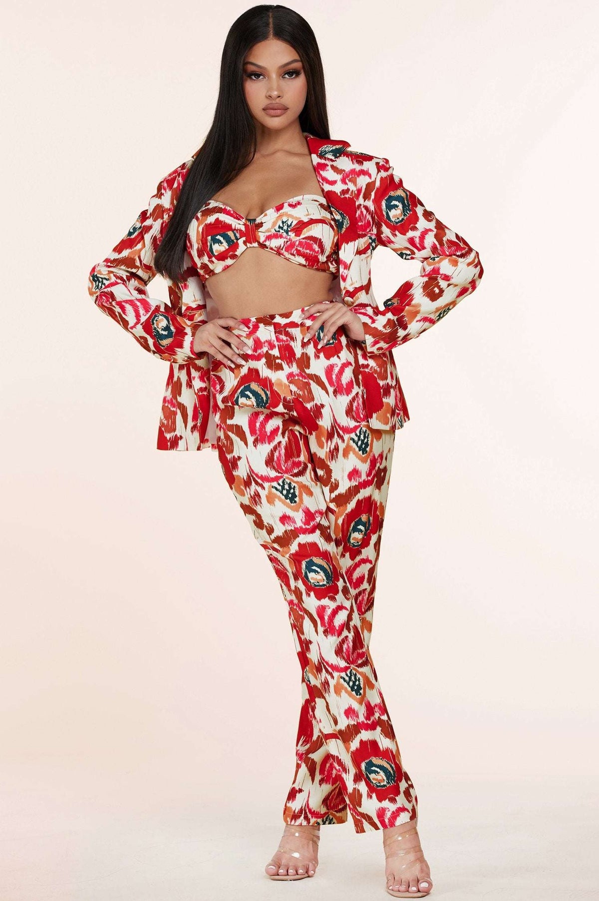 White Red Flower Print 3pc Blazer Trouser and Bandeau Set