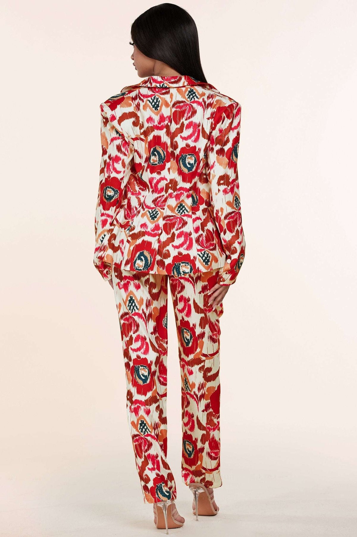 White Red Flower Print 3pc Blazer Trouser and Bandeau Set