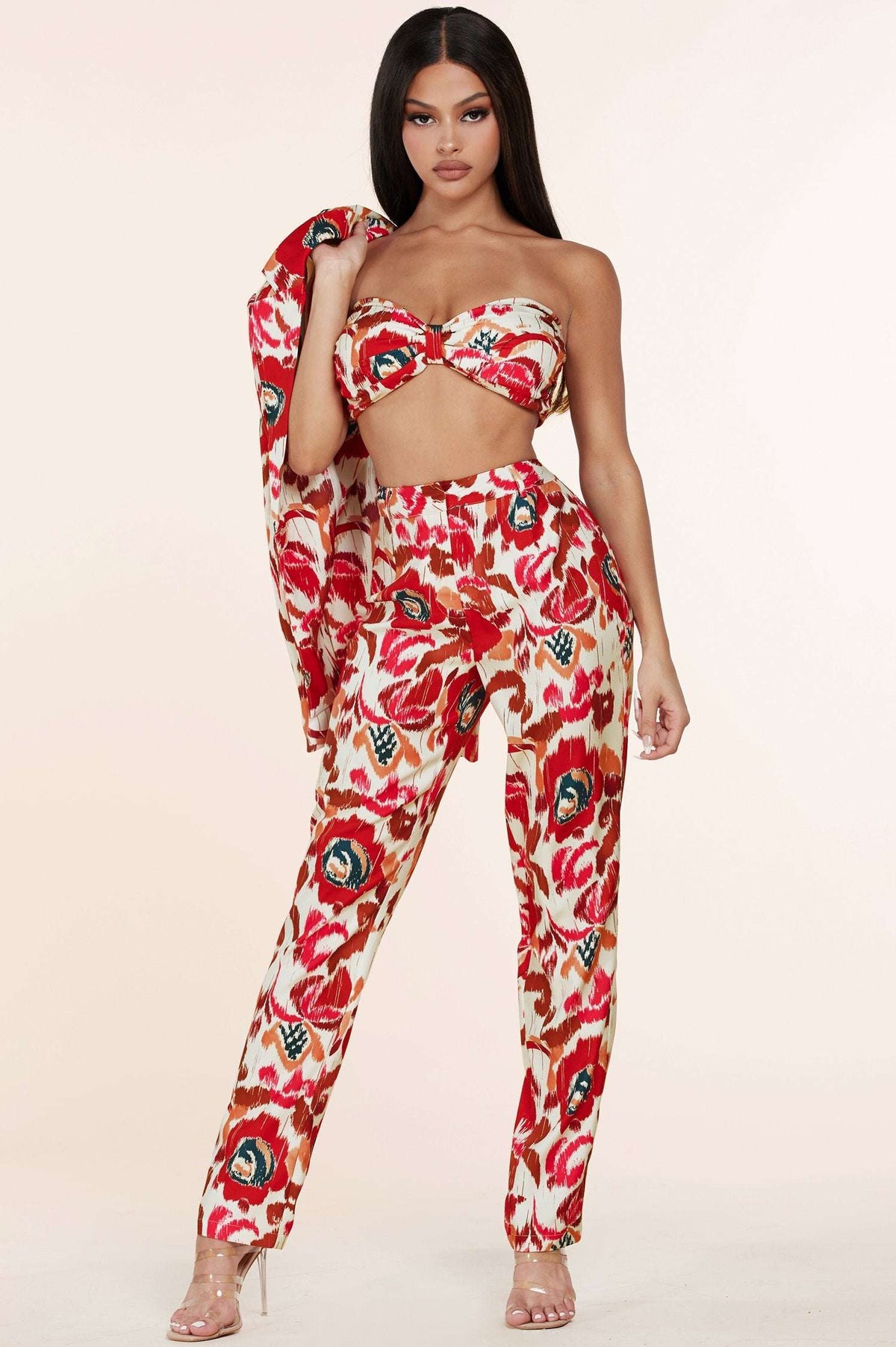 White Red Flower Print 3pc Blazer Trouser and Bandeau Set