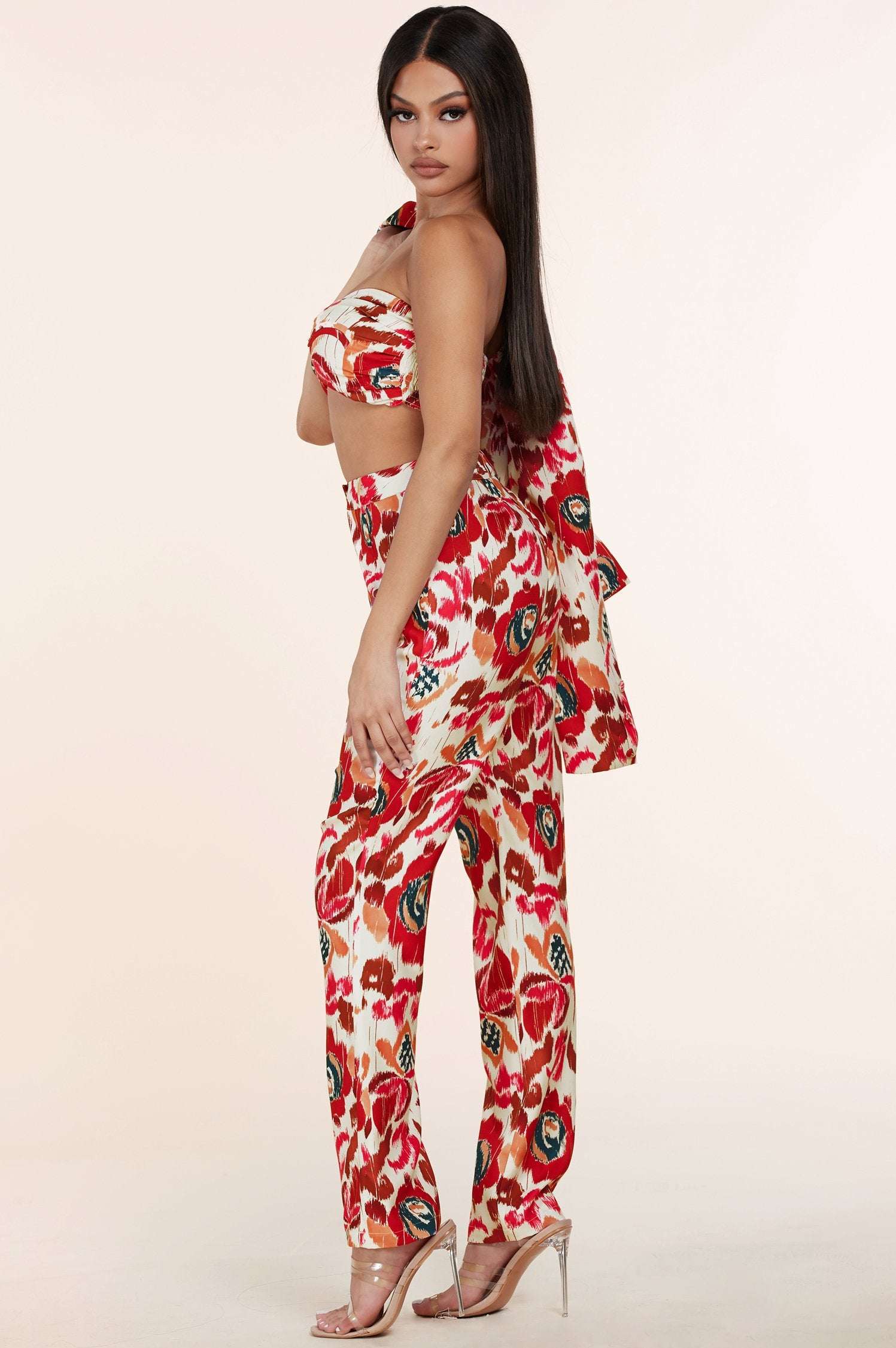 White Red Flower Print 3pc Blazer Trouser and Bandeau Set