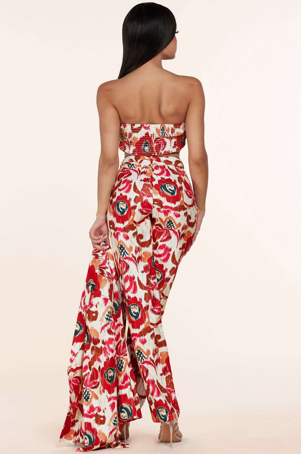 White Red Flower Print 3pc Blazer Trouser and Bandeau Set