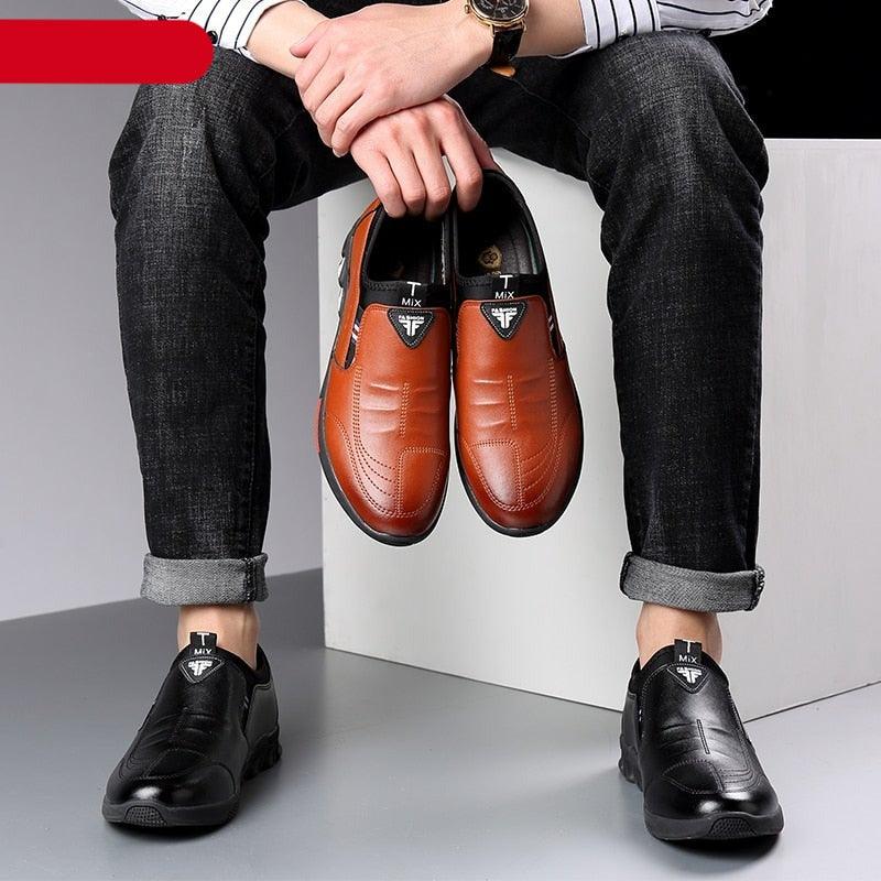 Men's Black Leather Casual Loafers, Comfortable Non-Slip Travel Shoes
