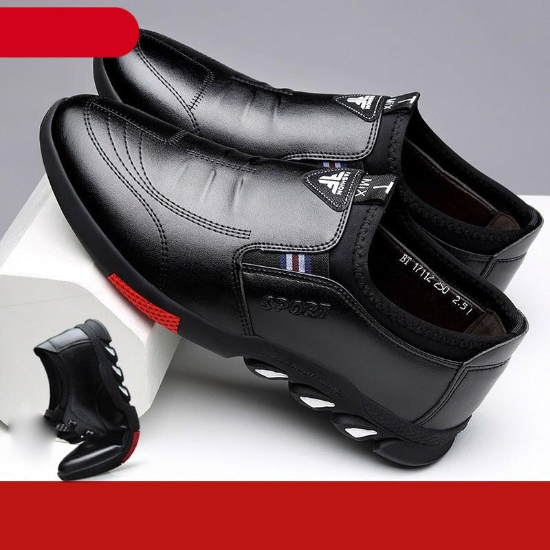 Men's Black Leather Casual Loafers, Comfortable Non-Slip Travel Shoes