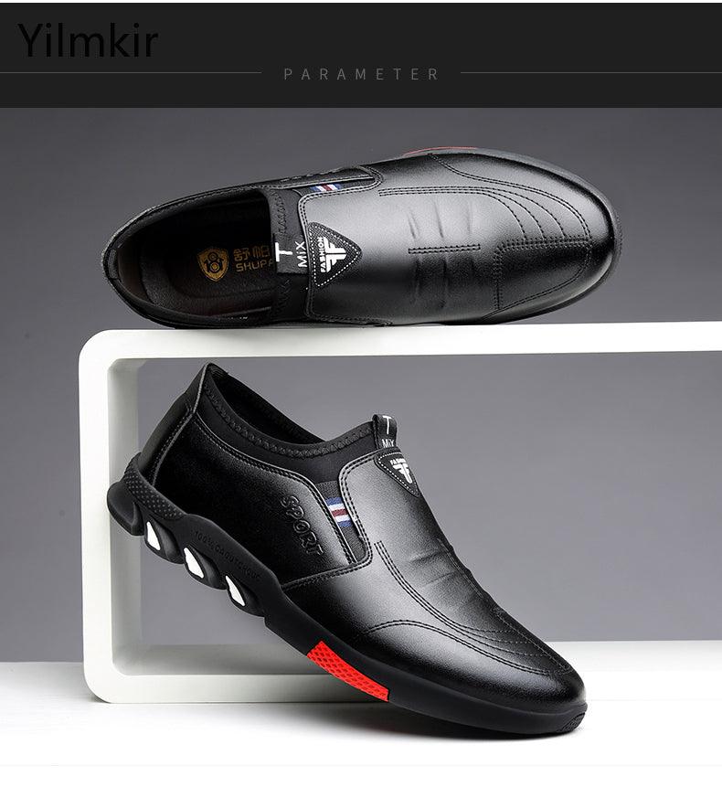 Men's Black Leather Casual Loafers, Comfortable Non-Slip Travel Shoes
