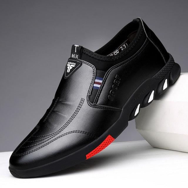 Men's Black Leather Casual Loafers, Comfortable Non-Slip Travel Shoes
