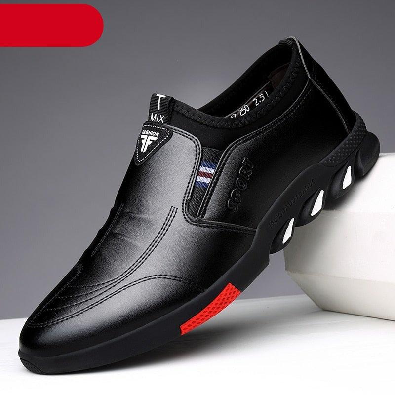Men's black leather casual loafers with soft soles and cushioned insoles