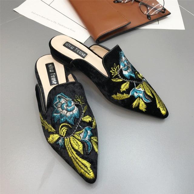 Floral Embroidered Velvet Slip-On Mules Bohemian Backless Slides