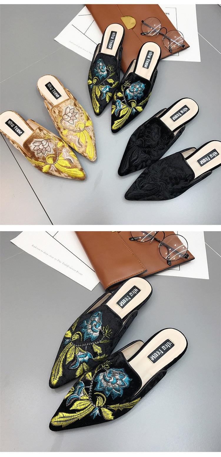 Floral Embroidered Velvet Slip-On Mules Bohemian Backless Slides