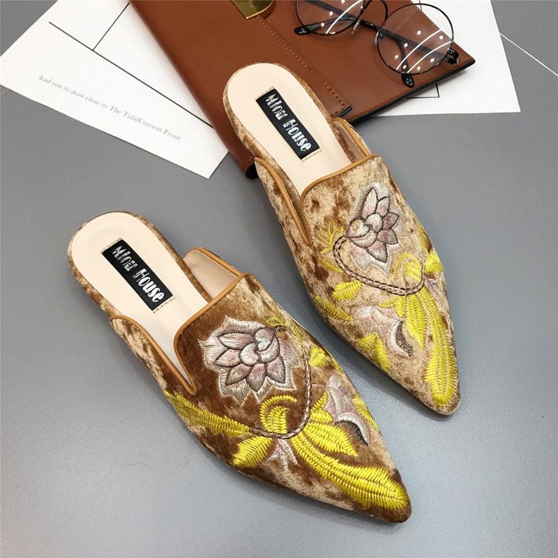 Women's bohemian velvet backless slides with floral embroidery in black, brown, and yellow.