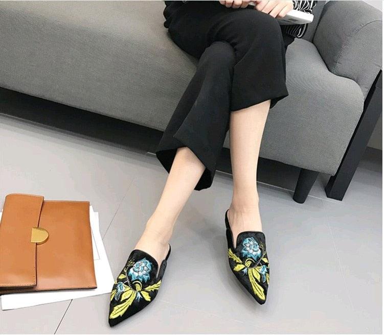 Floral Embroidered Velvet Slip-On Mules Bohemian Backless Slides