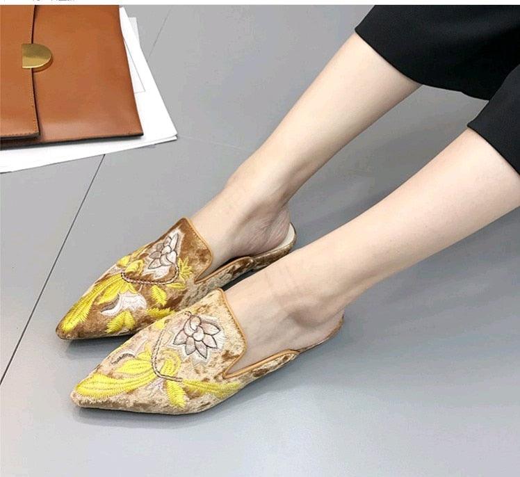 Floral Embroidered Velvet Slip-On Mules Bohemian Backless Slides