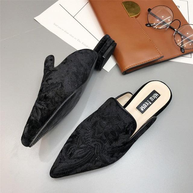 Floral Embroidered Velvet Slip-On Mules Bohemian Backless Slides