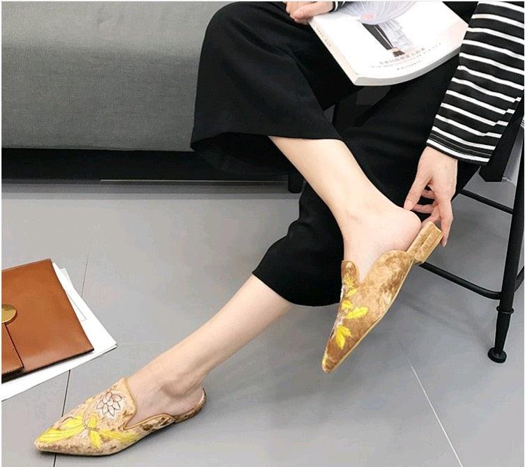 Floral Embroidered Velvet Slip-On Mules Bohemian Backless Slides