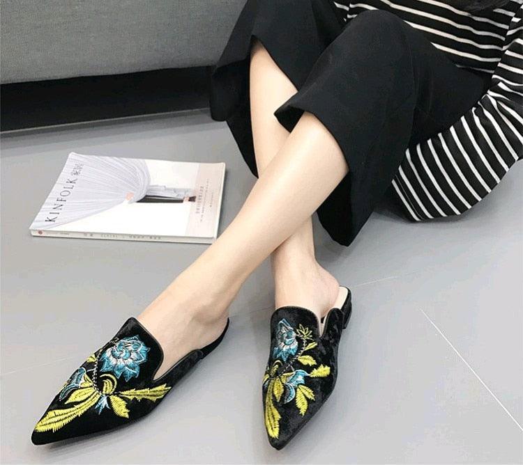 Floral Embroidered Velvet Slip-On Mules Bohemian Backless Slides