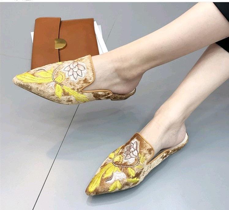 Floral Embroidered Velvet Slip-On Mules Bohemian Backless Slides