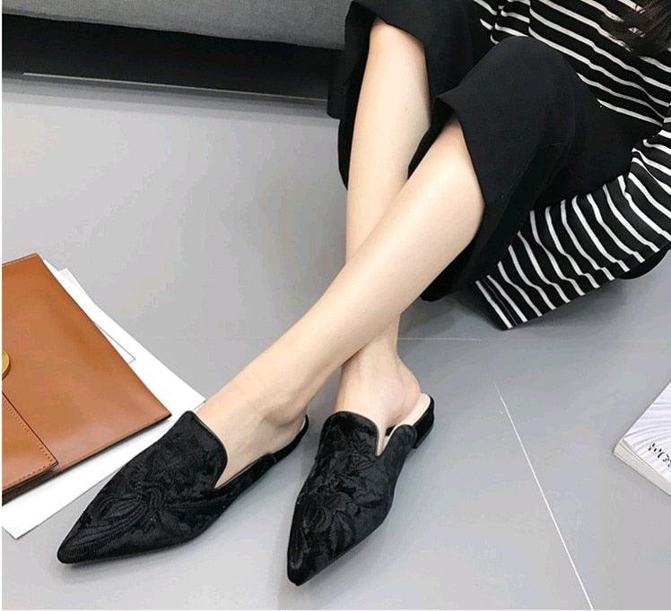 Floral Embroidered Velvet Slip-On Mules Bohemian Backless Slides