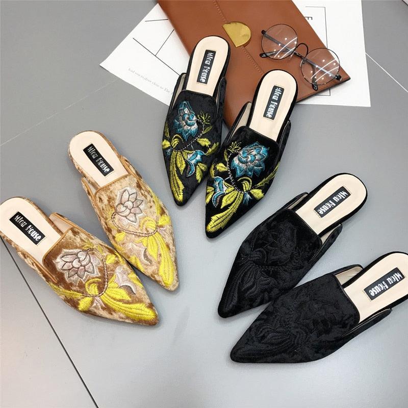 Floral Embroidered Velvet Slip-On Mules Bohemian Backless Slides