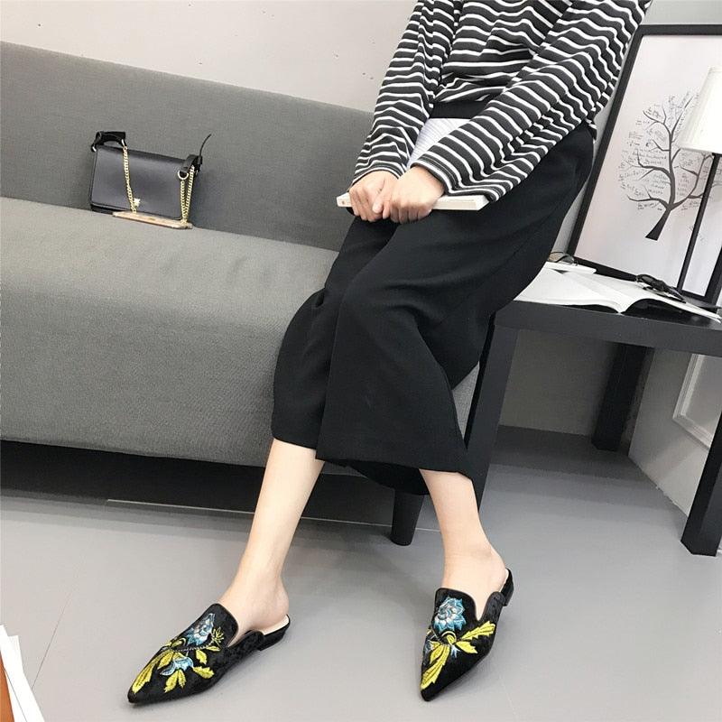 Floral Embroidered Velvet Slip-On Mules Bohemian Backless Slides